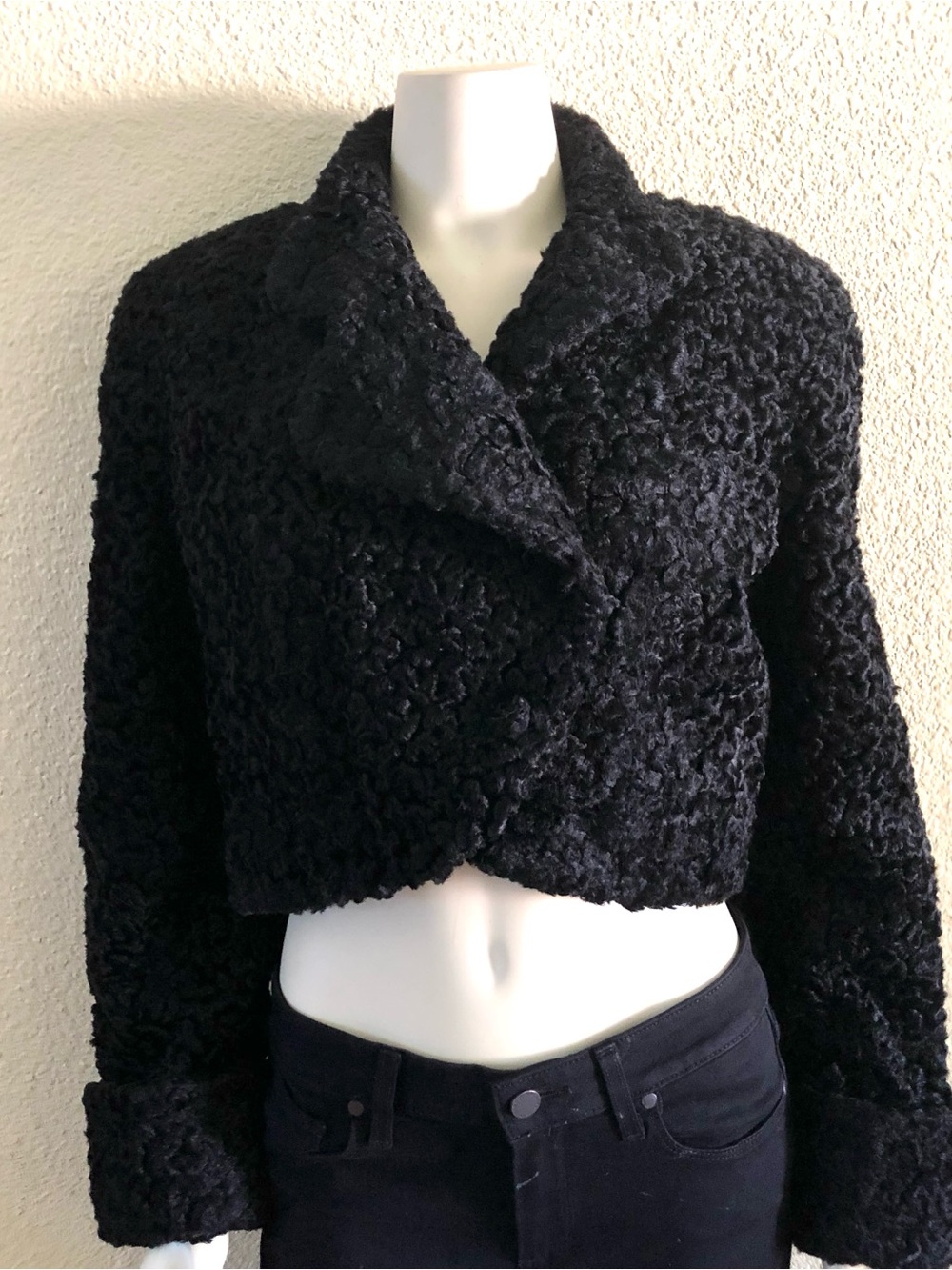 VTG Zelda Cropped Black Faux Persian Lamb Fur Jacket Bolero Coat Swakara Sz 12